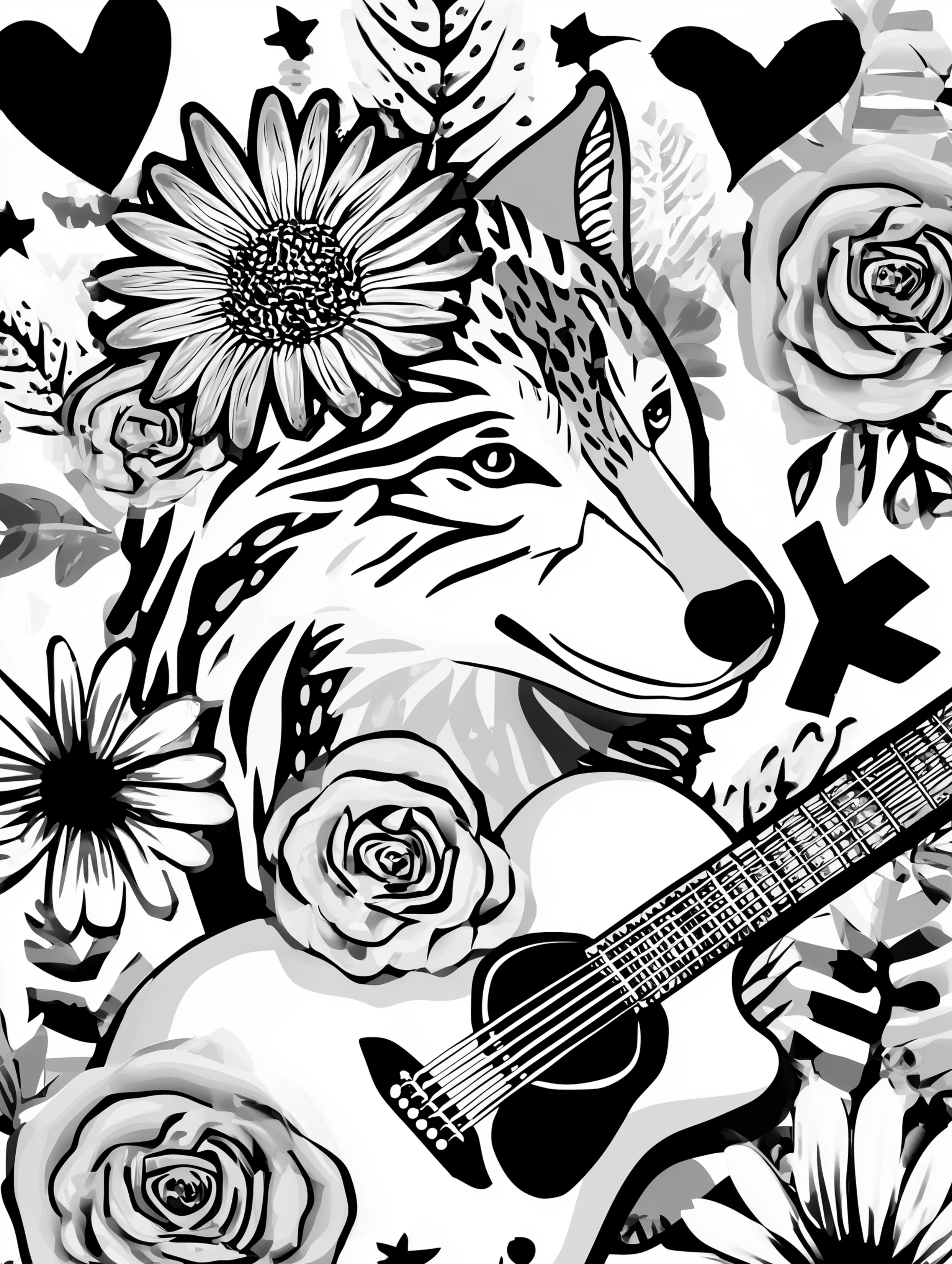 Free printable wolf coloring page for adults featuring a wolf with a guitar